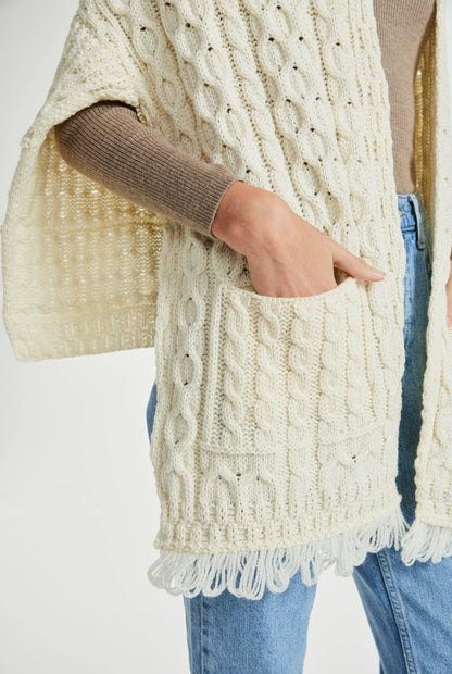 Shannon Throwover Merino Aran Wrap With Pocket - Cream: One Size