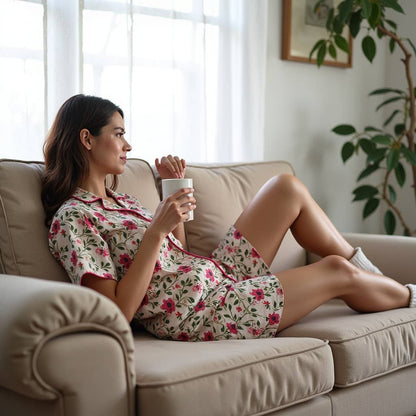 Womens PJ Set - Short Sleeve Shirt + Shorts Beige Pink Flora: S