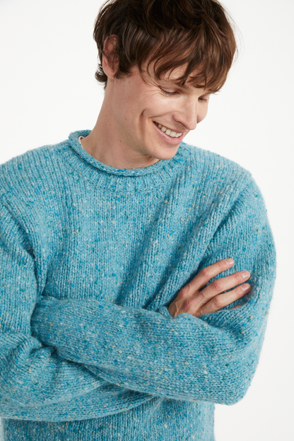 Raheen Tweed Roll Neck Mens Sweater - Aqua Blue: M