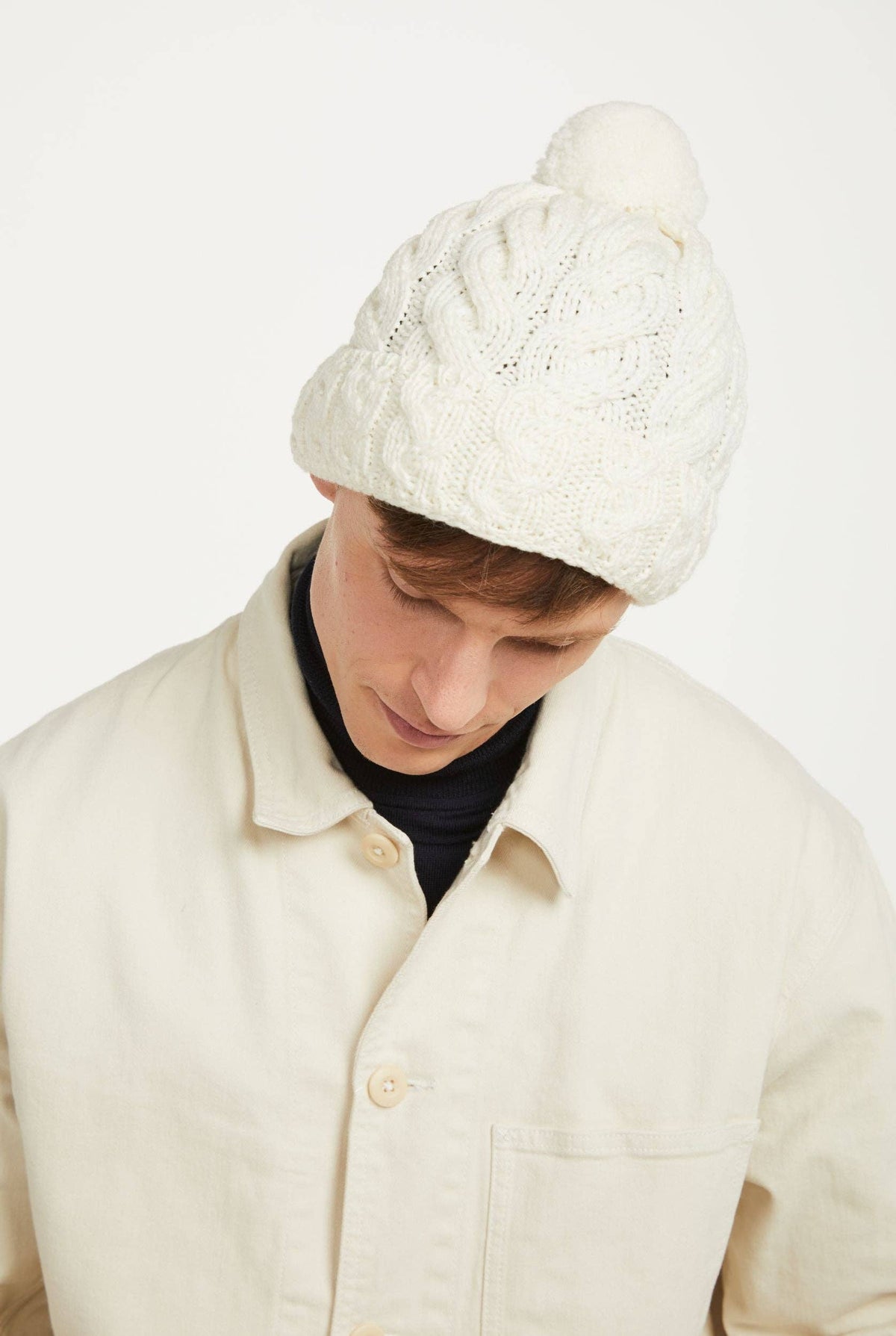 Clifden Cable Aran Hat with Pom Poms -  Cream: One Size