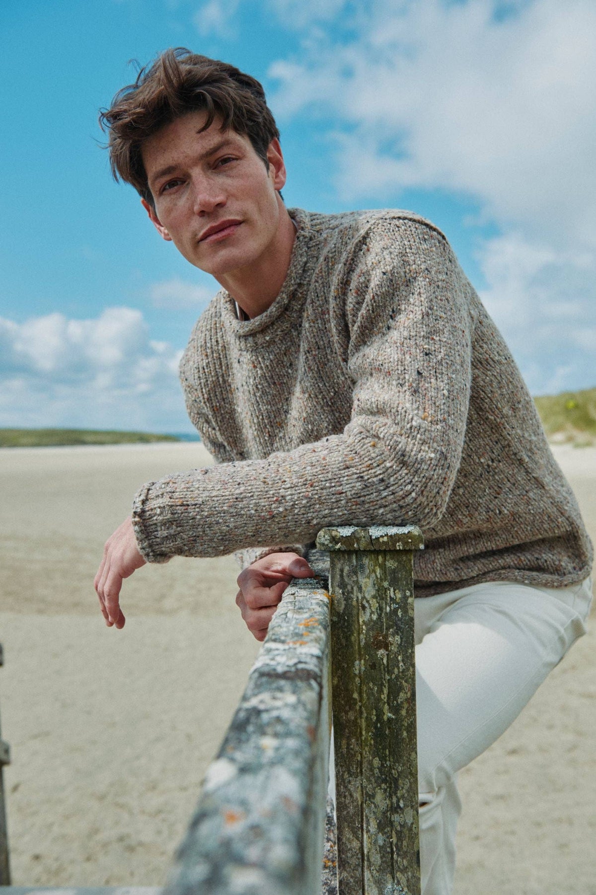 Raheen Tweed Roll Neck Mens Sweater - Oat: M