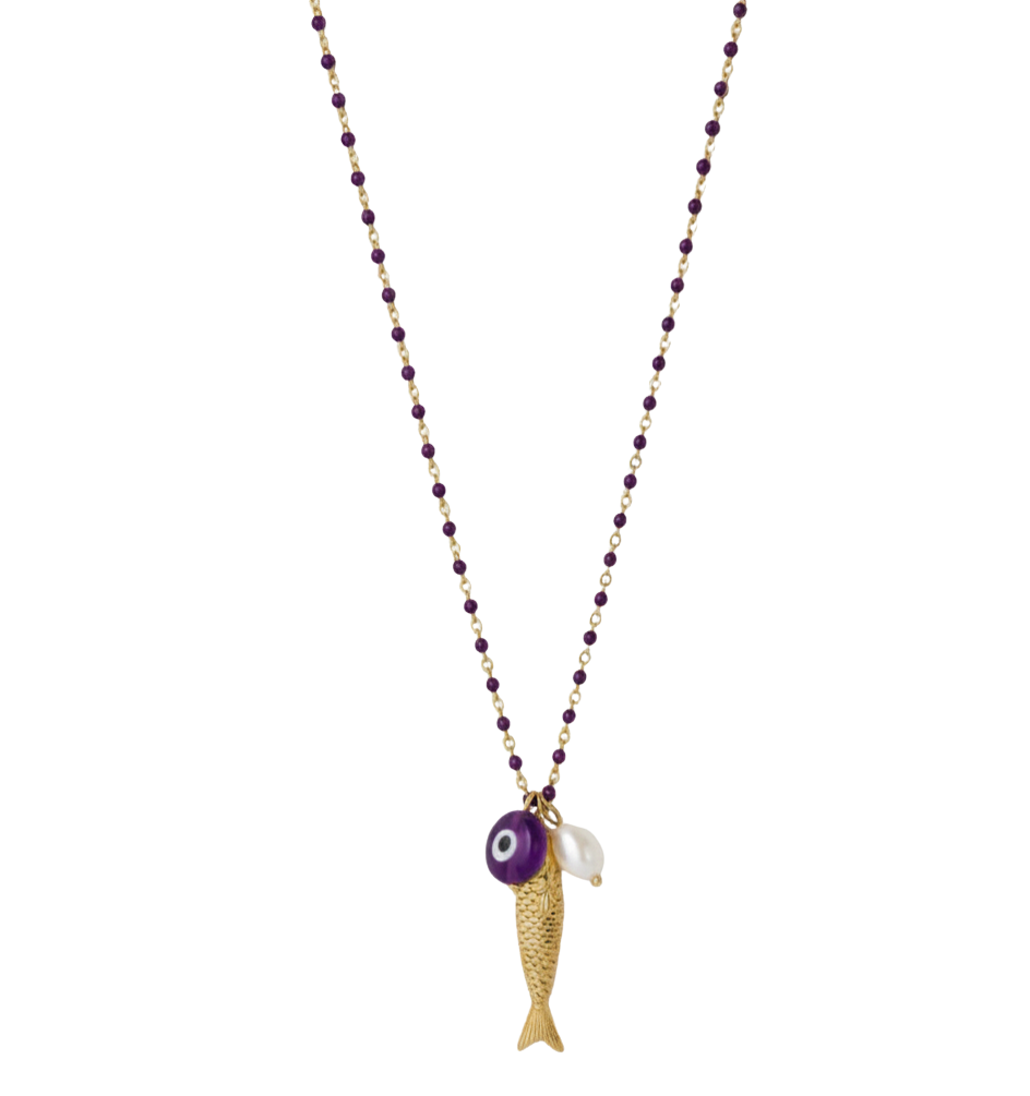 Fish for Luck. Enamel and Evil Eye Necklace: Horn