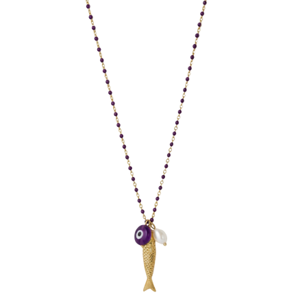 Fish for Luck. Enamel and Evil Eye Necklace: Horn