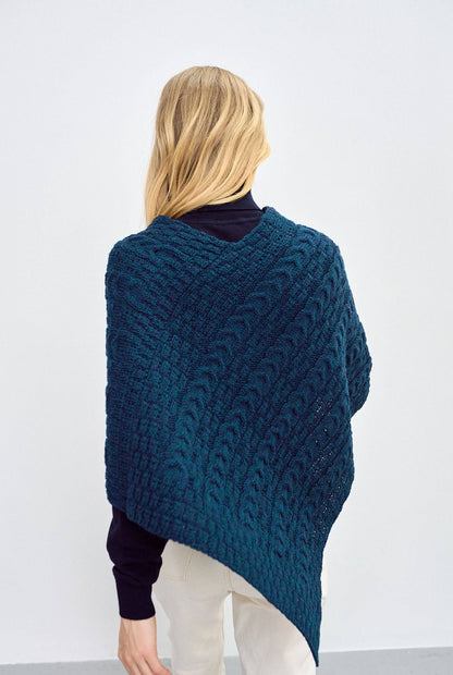 Glencar Ladies Classic Merino Aran Poncho - Atlantic: ONE SIZE