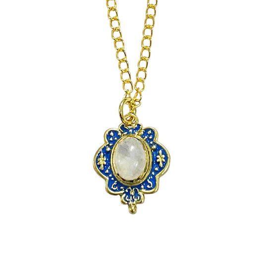 Moonstone Gold Plated Blue Enamel Necklace