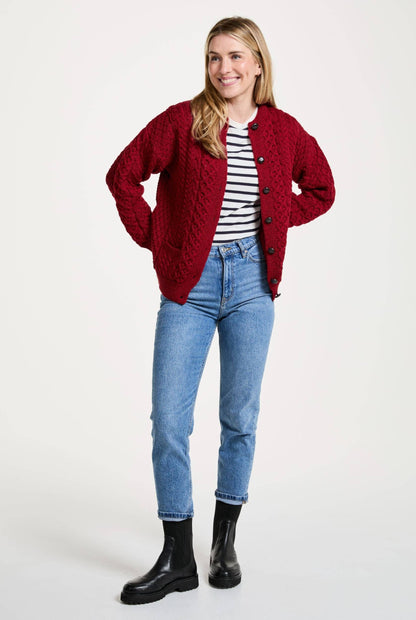Achill Island Ladies Merino Aran Cardigan - Red: M