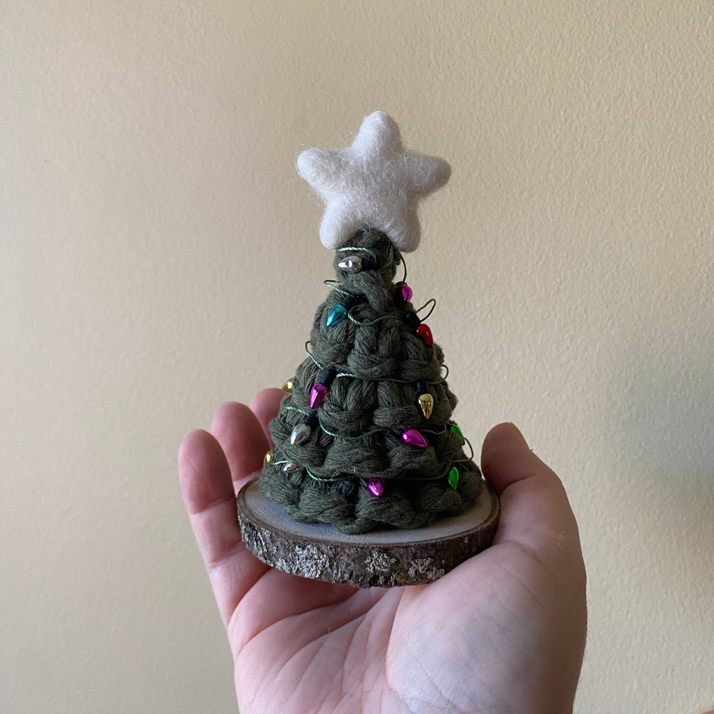 Handmade Mini Macrame Holiday Tree with Non-Working Lights: Light green String/Pastel Lights