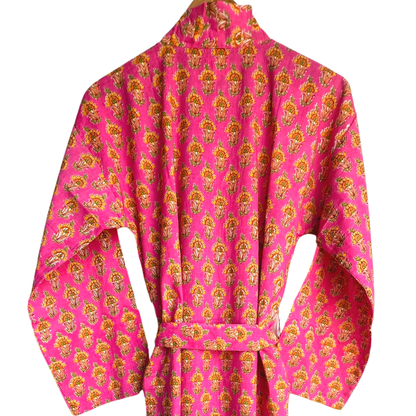 Womens Kimono Robe - All over Buti in Pink & orange cotton: 44 / S