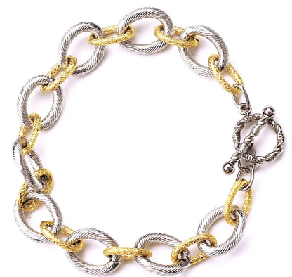 Two Tone Etched Steel Link Toggle Bracelet
