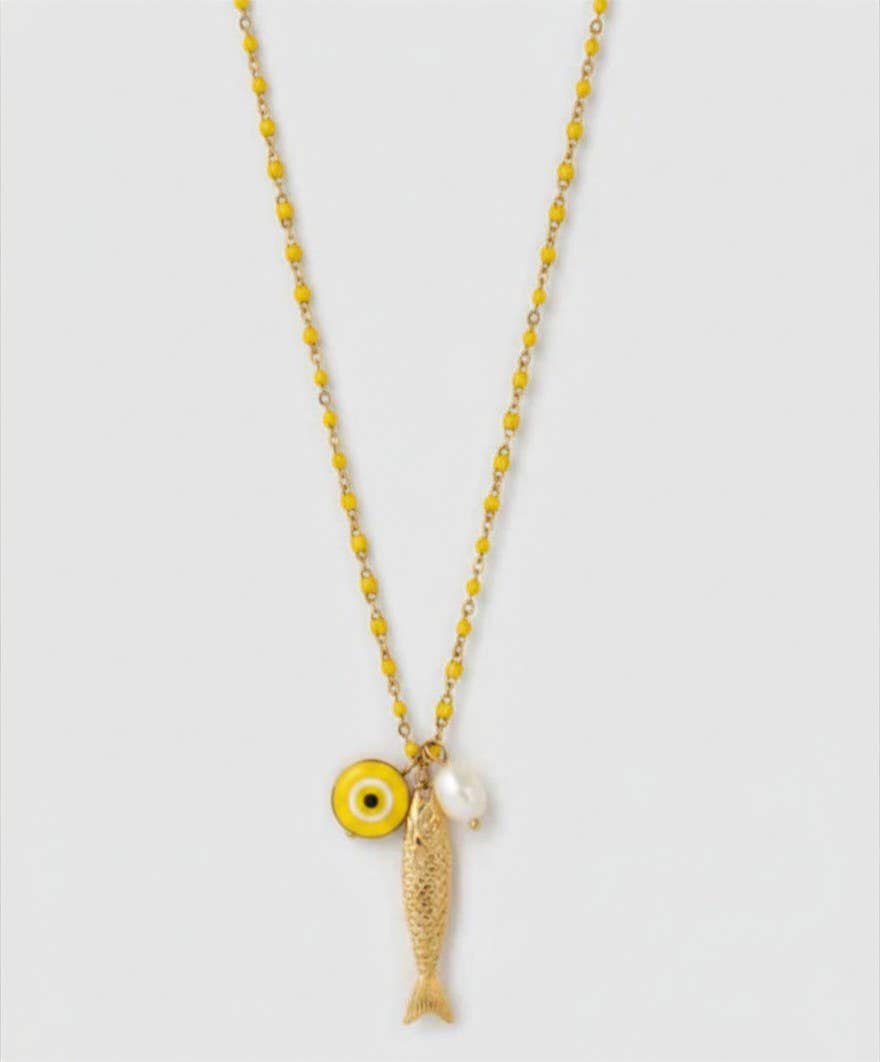 Fish for Luck. Enamel and Evil Eye Necklace: Horn