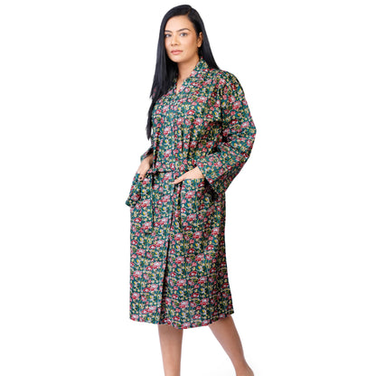 Womens Kimono Robe - Floral Garden cotton print green + bag: 44 / L