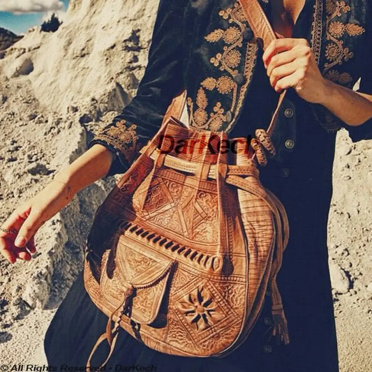Moroccan Leather Bucket Shoulder Drawstring Bag