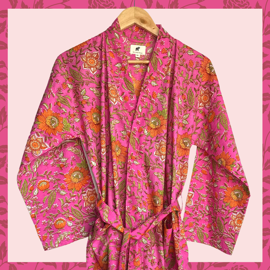 Womens Kimono Robe - All over floral in Pink & orange cotton: 44 / L