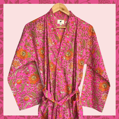Womens Kimono Robe - All over floral in Pink & orange cotton: 44 / L