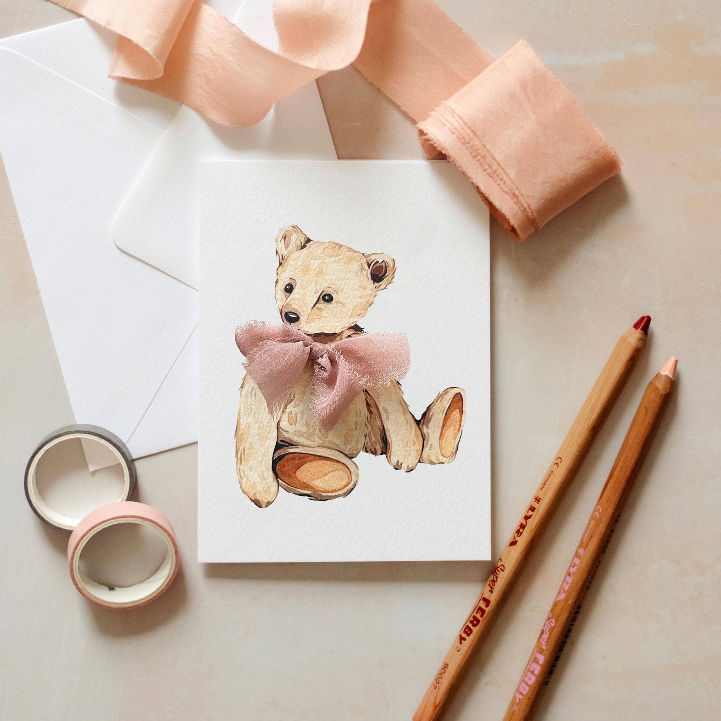Teddy Bear Hand Tied Silk Ribbon Watercolour Greetings Card: Pink