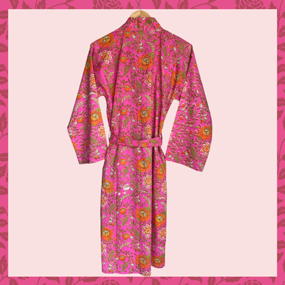 Womens Kimono Robe - All over floral in Pink & orange cotton: 44 / L