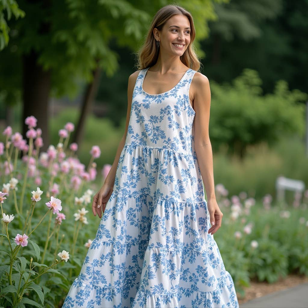 Women's Tier Dress - White Blue Vines print cotton dress : 40