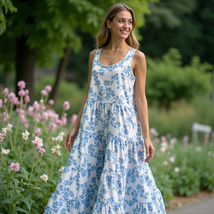 Women's Tier Dress - White Blue Vines print cotton dress : 40