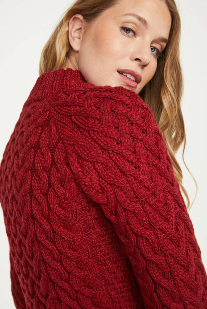 Knightstown Ladies Merino Aran Crew Sweater - Red: XS