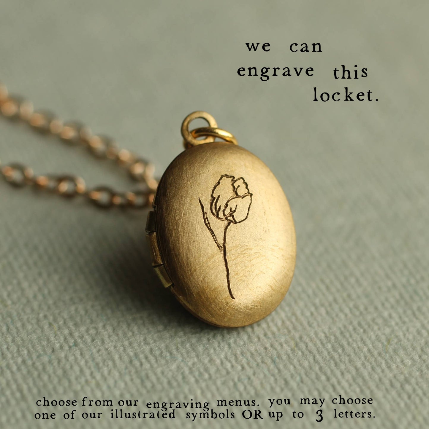 Tiny Oval Engraved Botanical Brass Locket: 20" / Standard Engraving - Thistle