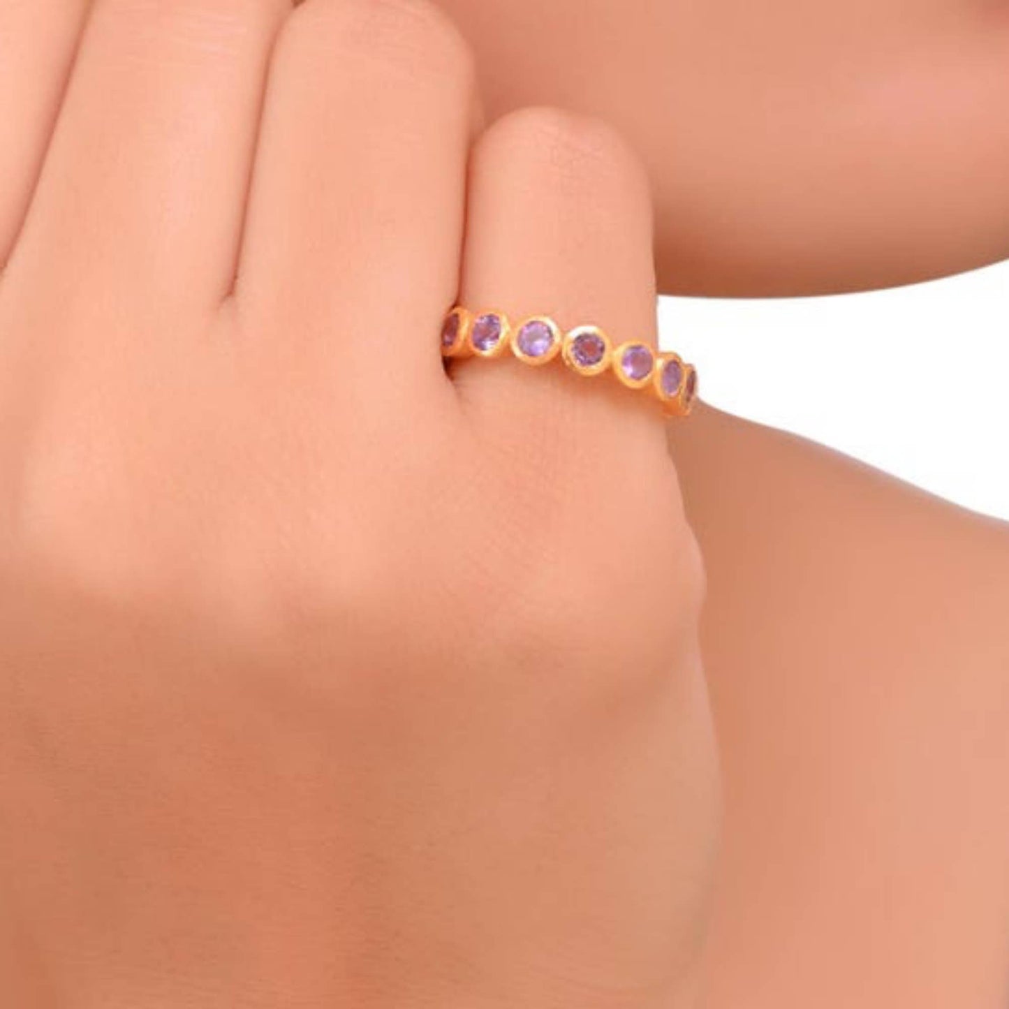 Pink Tourmaline Ruby Gold Plated Band Ring