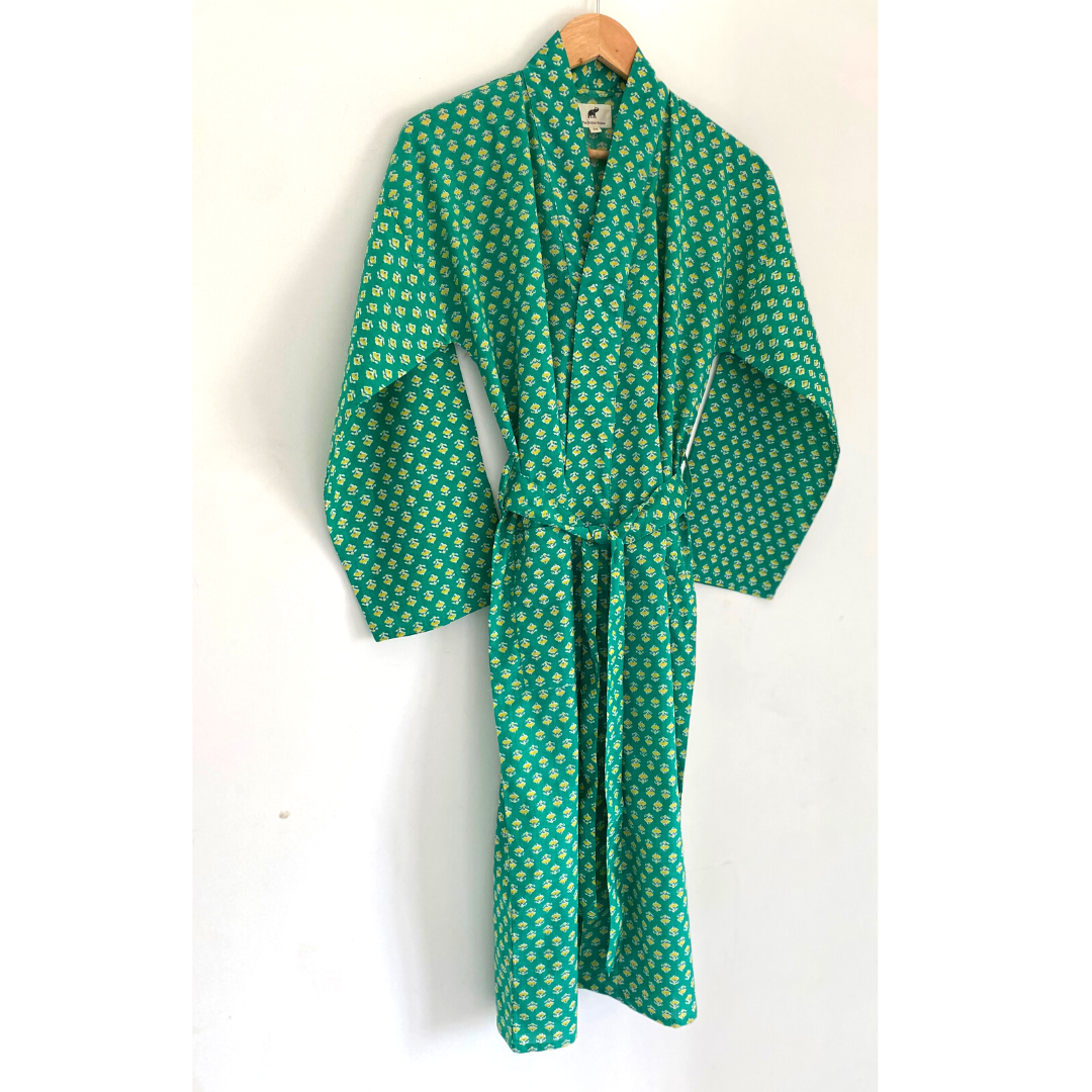 Womens Kimono Robe - Green and Yellow floral print cotton : 44 / S