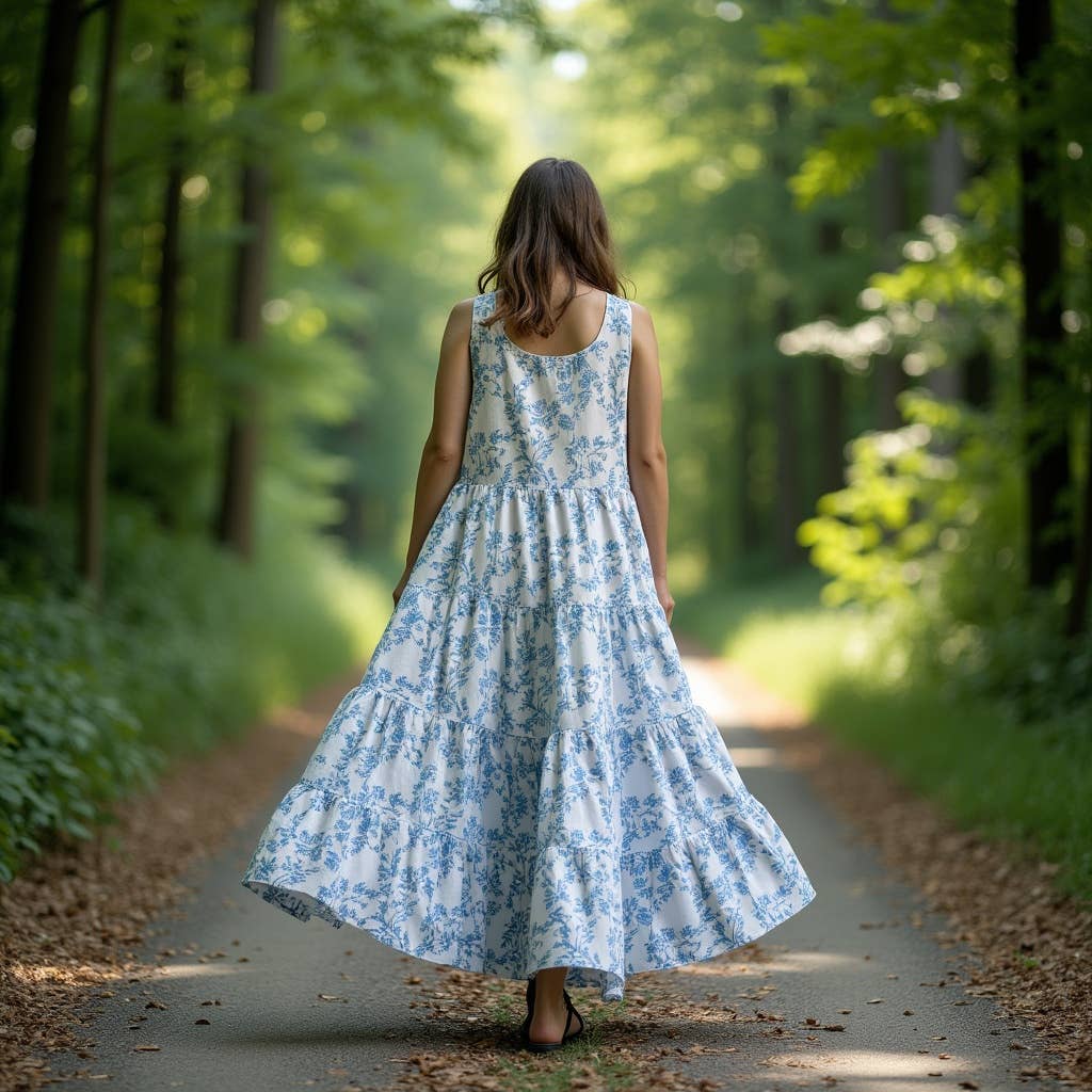 Women's Tier Dress - White Blue Vines print cotton dress : 40