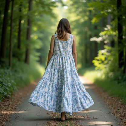 Women's Tier Dress - White Blue Vines print cotton dress : 40