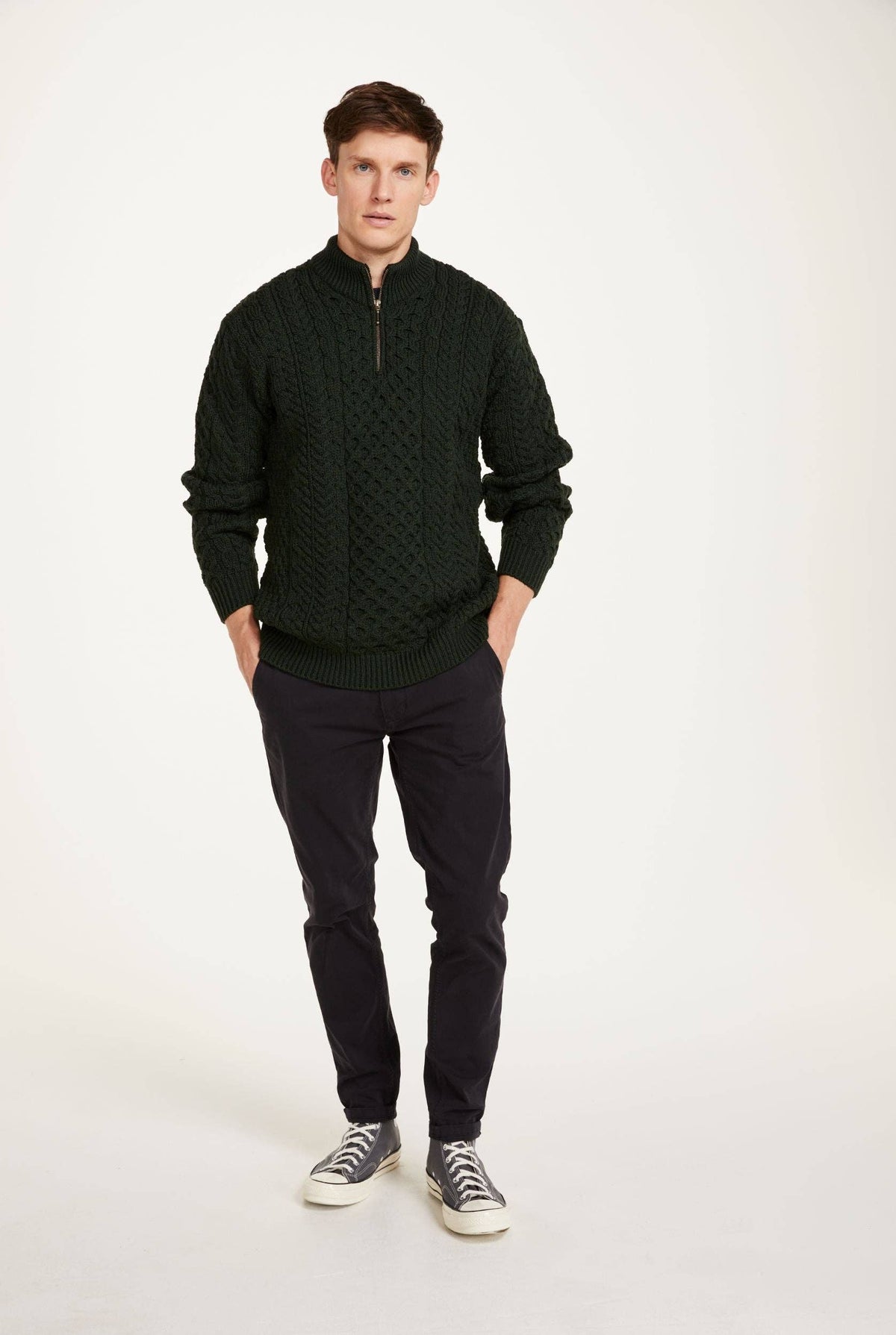 Ballycroy Mens Merino Aran Half Zip Sweater - Forest Green: XLG