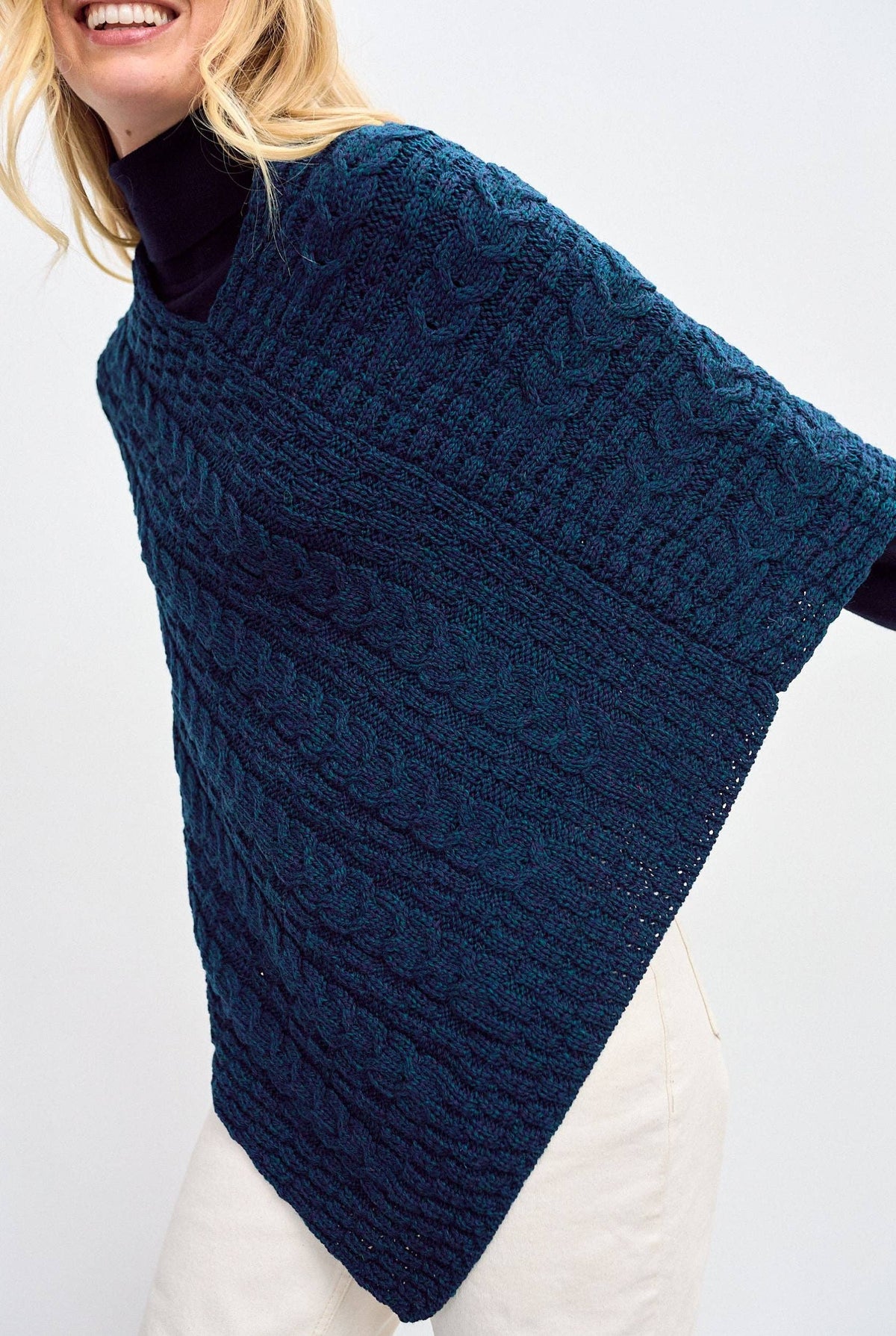 Glencar Ladies Classic Merino Aran Poncho - Atlantic: ONE SIZE
