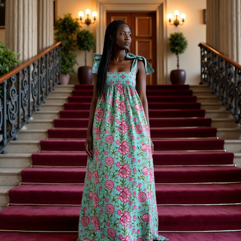 Women's Bow Tie Strap Maxi Dress, Turquoise Floral Print: XS
