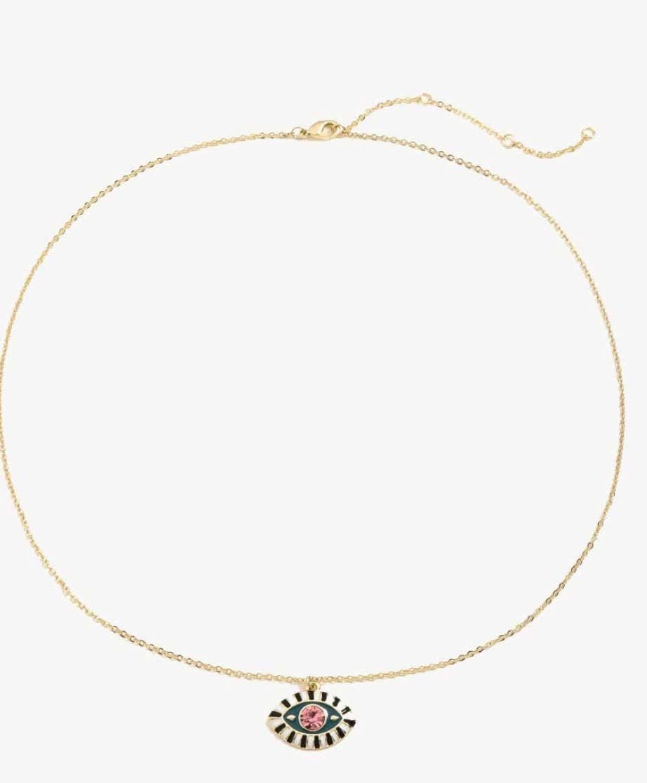 Evil Eye Enamel and Crystal Pendant Necklace Waterproof: Pink/gold