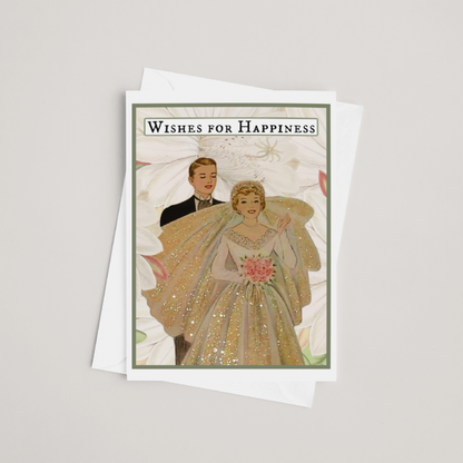 Wedding Card. Vintage Bride and Groom. Wishes for Happiness.
