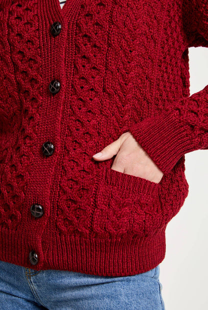 Achill Island Ladies Merino Aran Cardigan - Red