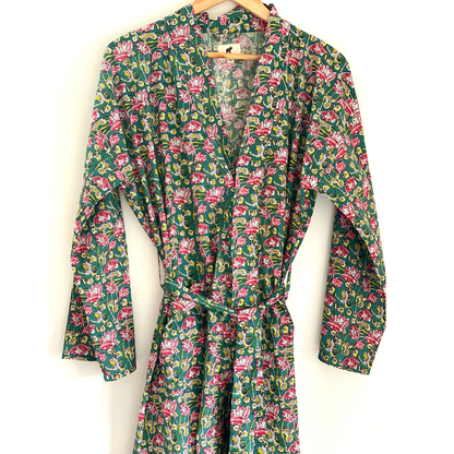 Womens Kimono Robe - Floral Garden cotton print green + bag: 44 / L