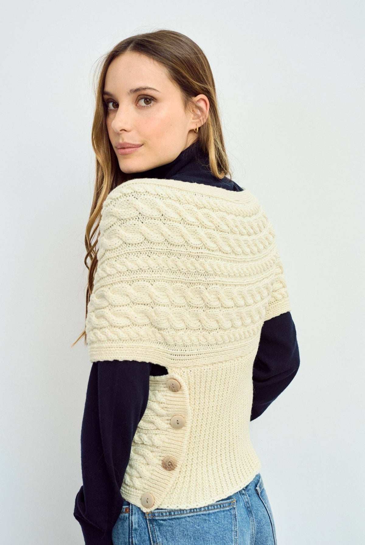 Corrib Crossover Merino Aran Wrap - Cream: M