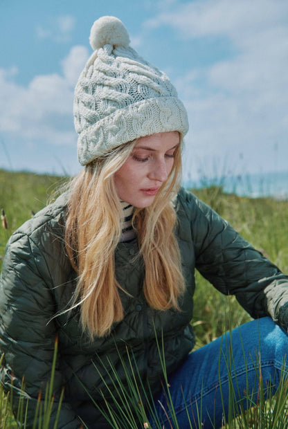Clifden Cable Aran Hat with Pom Poms -  Cream: One Size
