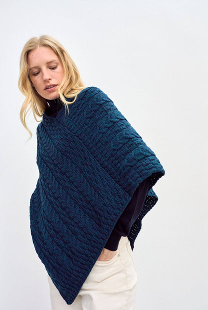 Glencar Ladies Classic Merino Aran Poncho - Atlantic: ONE SIZE