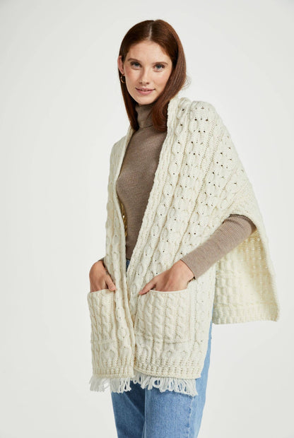 Shannon Throwover Merino Aran Wrap With Pocket - Cream: One Size