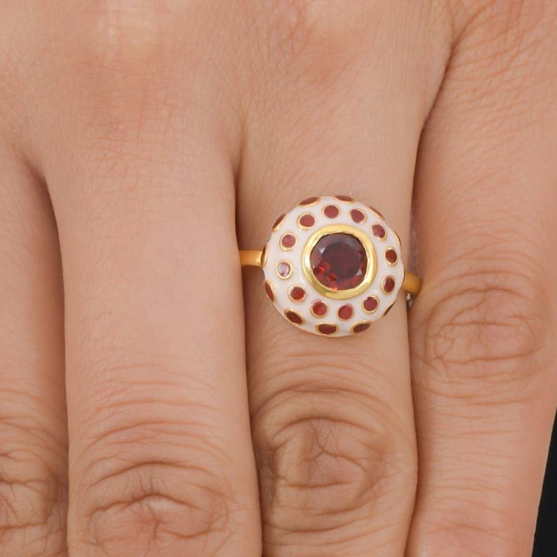 Garnet Gold Plated Polka Dot Enamel Ring