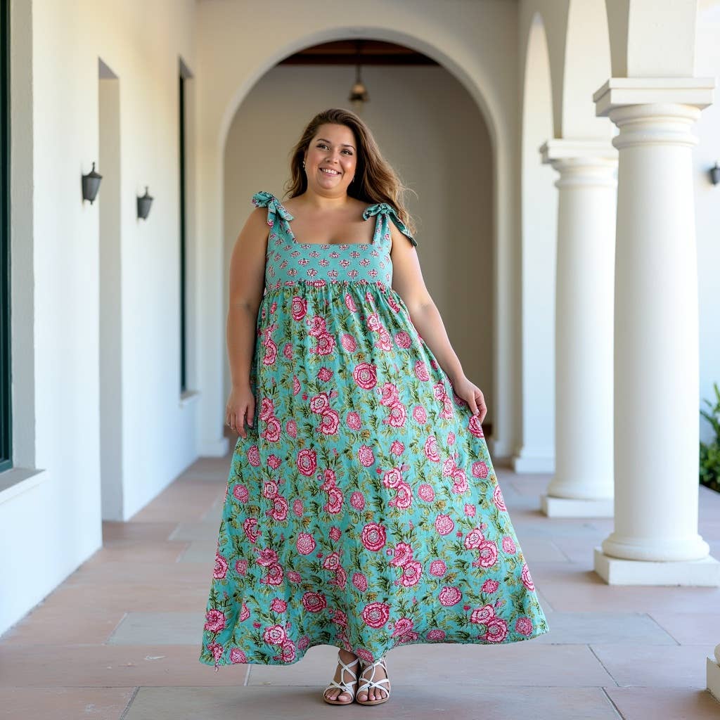 Women's Bow Tie Strap Maxi Dress, Turquoise Floral Print: XS