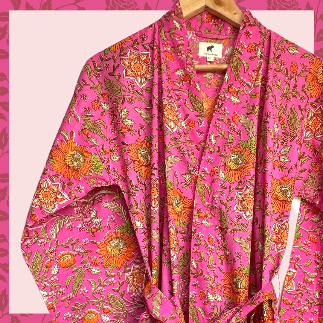 Womens Kimono Robe - All over floral in Pink & orange cotton: 44 / L