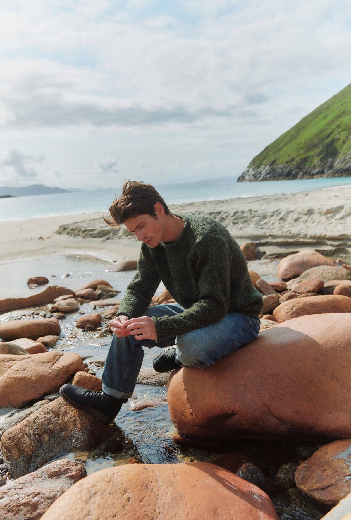 Raheen Tweed Roll Neck Mens Sweater - Green: L