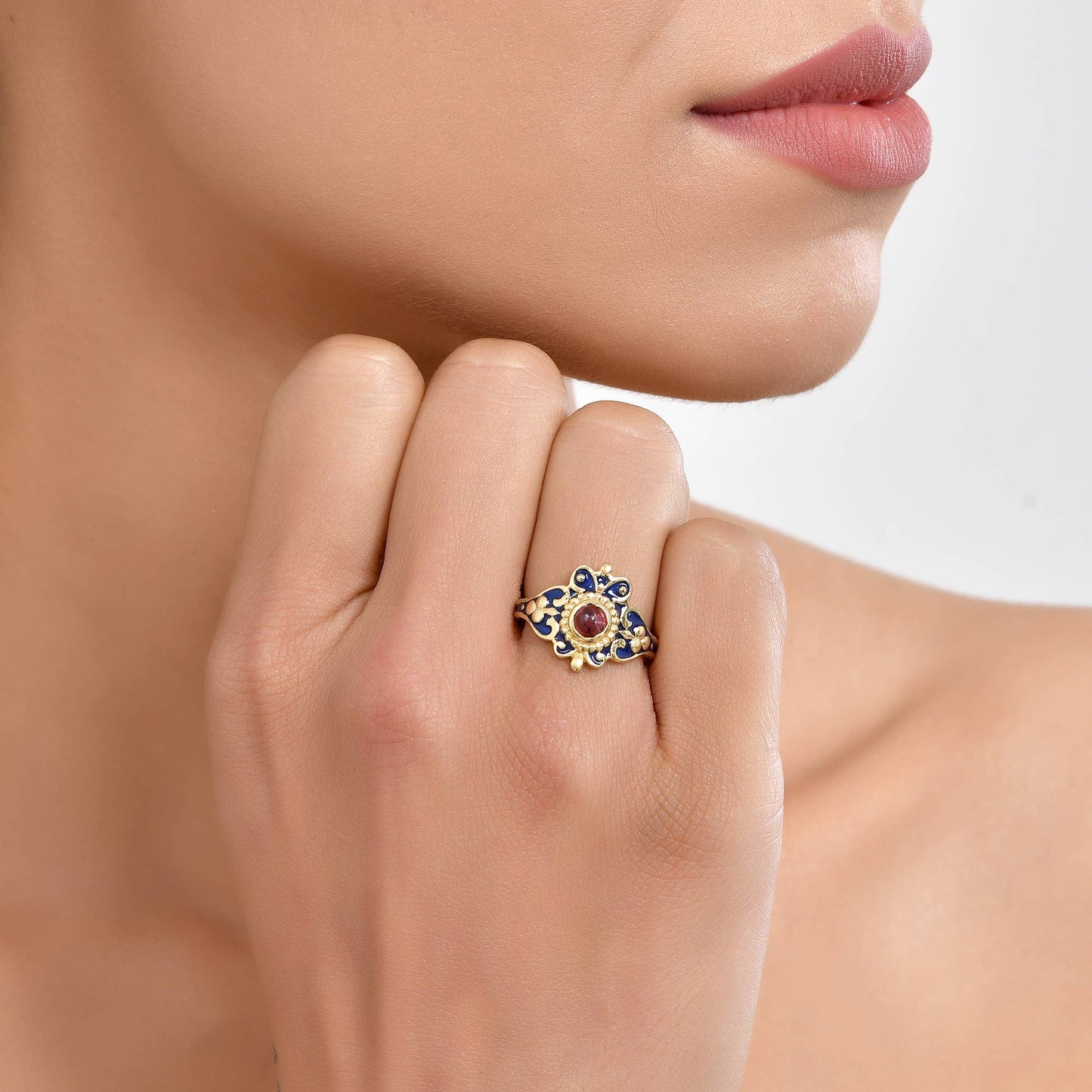 Pink Tourmaline Gold Plated Enamel Ring