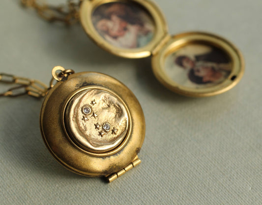 Gold Moon & Star Locket Necklace: 18"