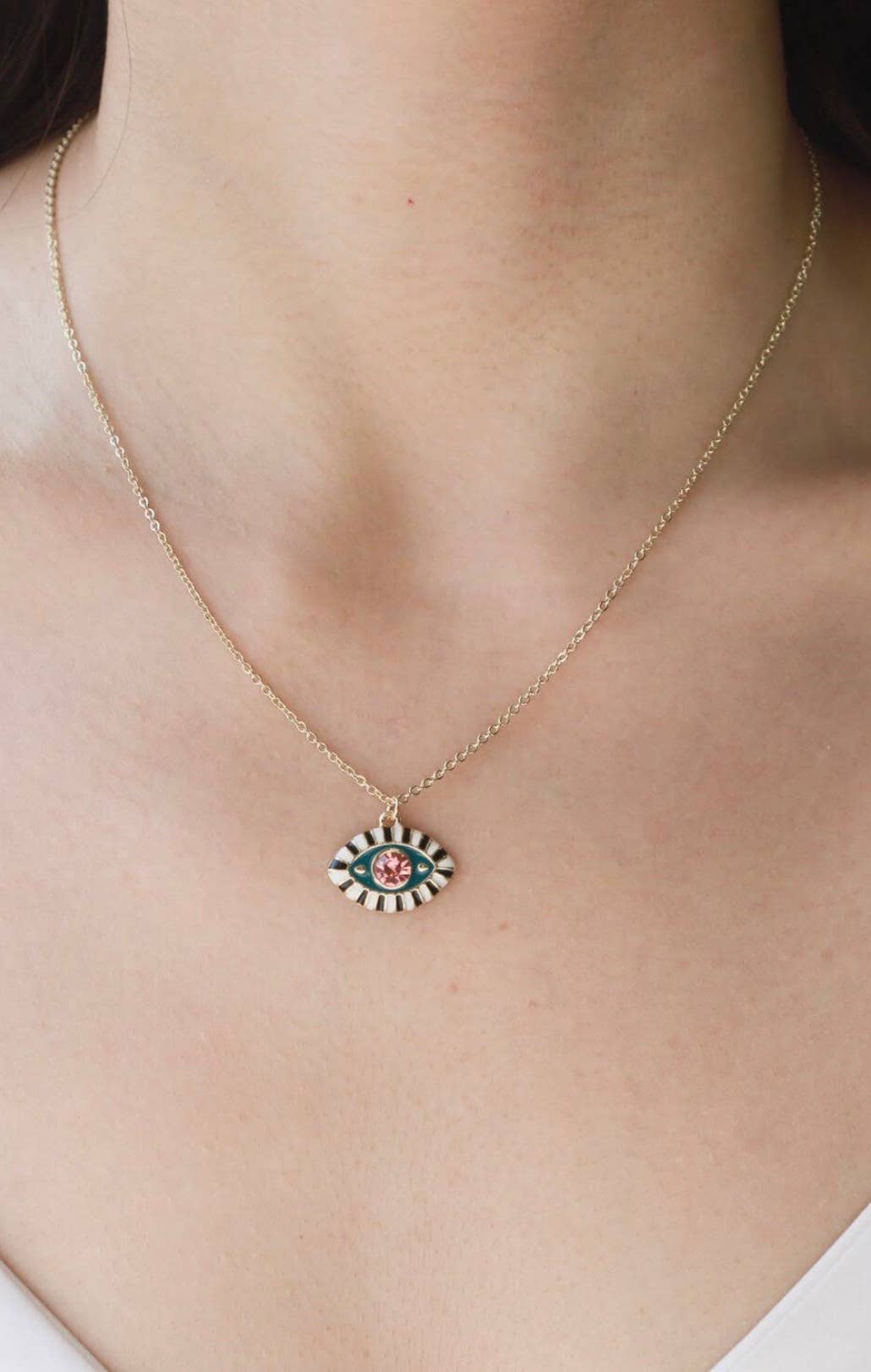 Evil Eye Enamel and Crystal Pendant Necklace Waterproof: Pink/gold