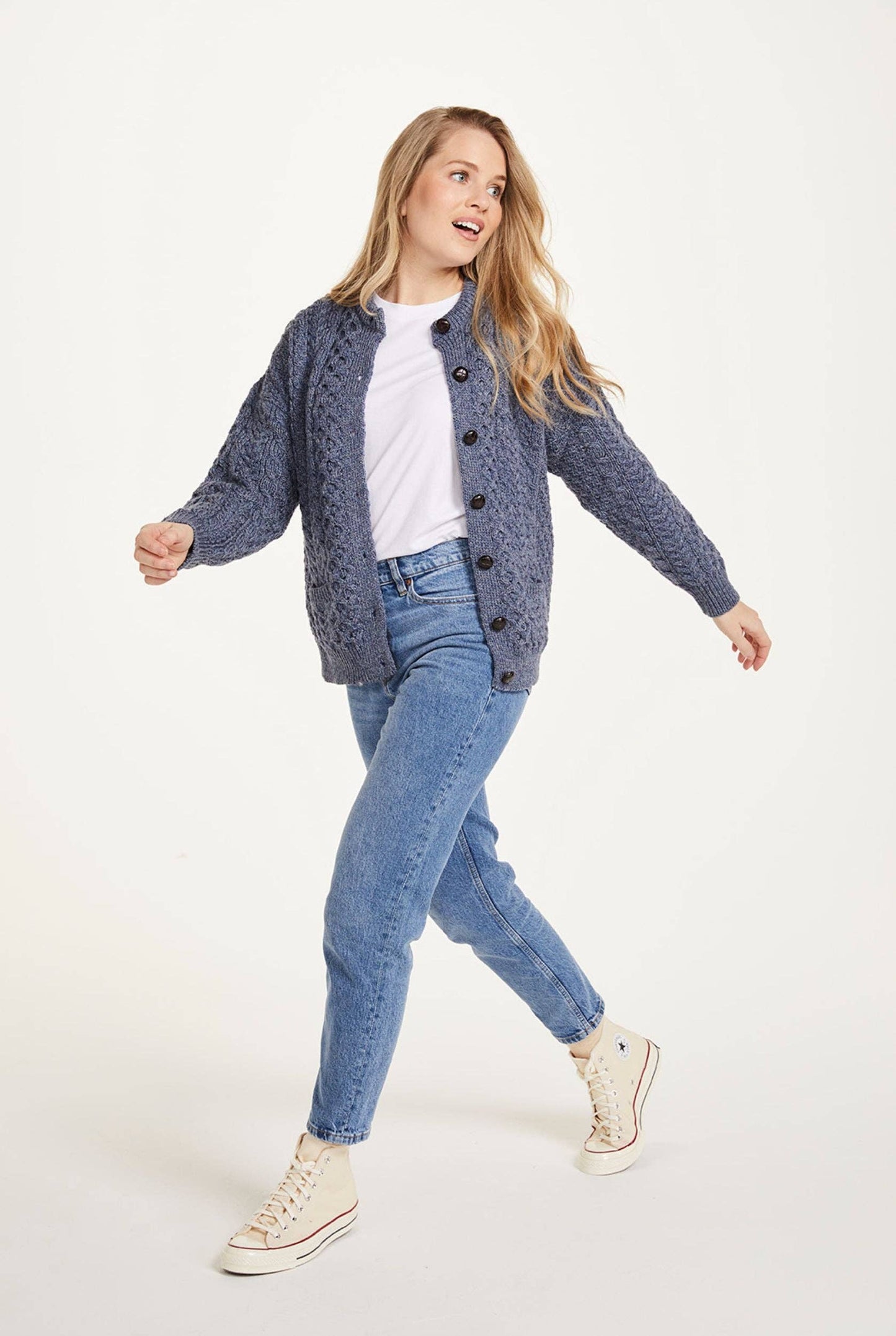 Achill Island Ladies Merino Aran Cardigan - Denim