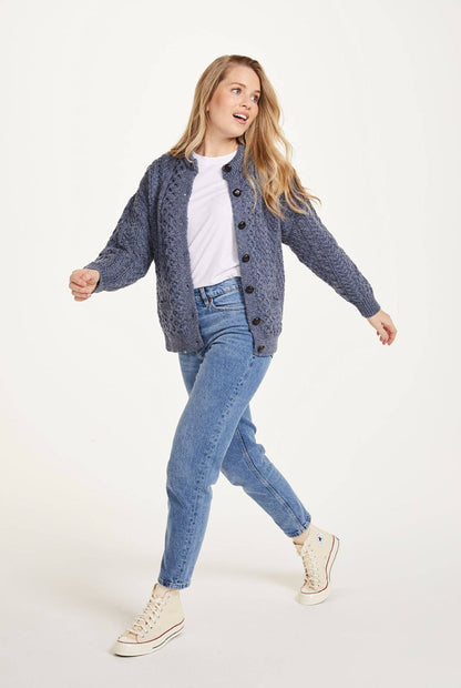 Achill Island Ladies Merino Aran Cardigan - Denim