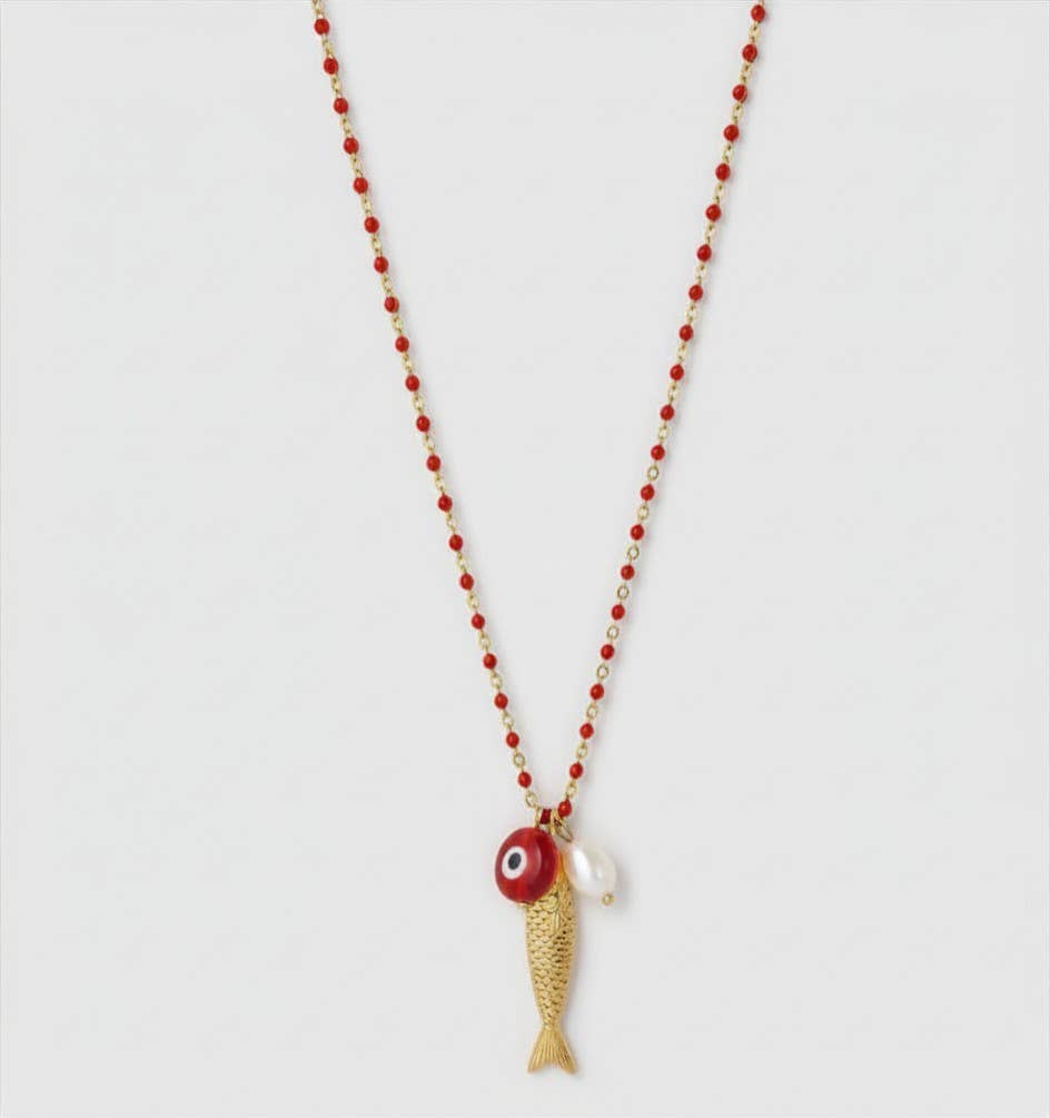 Fish for Luck. Enamel and Evil Eye Necklace: Horn
