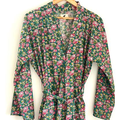 Womens Kimono Robe - Floral Garden cotton print green + bag: 44 / L